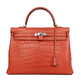 HERMES ケリー 35 ハンドバッグ 内縫い アリゲーターマット クロコダイルレザー ルージュインディアン シルバー金具 □O刻 ブランドバッグ 5s48517HC4【中古】