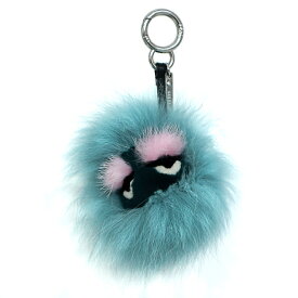 【美品】FENDI キーホルダー キーリング バッグチャーム バッグバグズ ファー 7AR420 レザー ブルー ブランド小物 6093415m【中古】