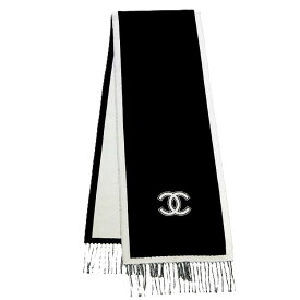 【極美品】CHANEL マフラー ストール ココマーク ロゴ フリンジ AAA375 ウール 100% ブラック×ホワイト ブランド小物 6095281m【中古】