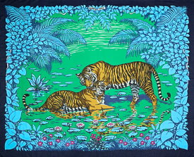 【美品】 エルメス パレオ 大判ストール TIGER タイガー トラ ブルー ネイビー マルチカラー コットン100％ ブランド小物 HERMES 6232134m【中古】