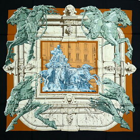 【未使用品】HERMES エルメス カレ90 大判スカーフ LA FONTAINE DE BARTHOLDI バルトルディの泉 シルク100％ ブラック テラコッタ マルチカラー レディーススカーフ ブランド小物 5086415M【中古】