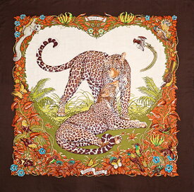 エルメス カレジェアン カレ140 Jungle Love ジャングルラブ カシシル 大判ストール ブラウン ベージュ マルチカラー カシミア シルク HERMES 6352162m【中古】