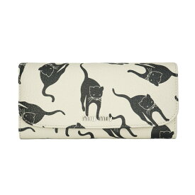 【極美品】MIU MI マドラスロングフラップウォレット 二つ折り 長財布 キャット 猫 5MH109 レザー ベージュ ブラック ミュウミュウ 6371731m【中古】