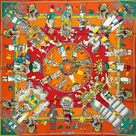 【美品】 エルメス カレ90 大判スカーフ Kachinas カチナ オレンジ ルージュ マルチカラー シルク100％ カーミット・オリヴァー HERMES 6393443m【中古】