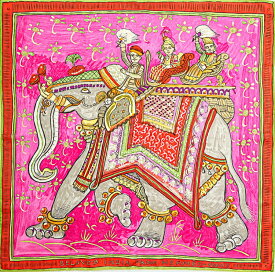 【美品】 エルメス カレ90 大判スカーフ BELOVED INDIA 深いインドの愛 ゾウ ピンク オレンジ マルチカラー シルク100％ HERMES 6422742m【中古】