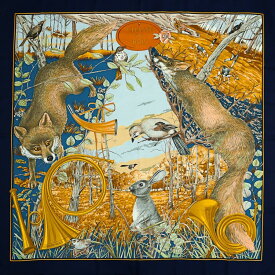 【美品】 エルメス カレ90 大判スカーフ CHASSE au BOIS 森の狩猟 ネイビー ブルー ゴールド シルク100％ ブランド小物 HERMES 6439435m【中古】