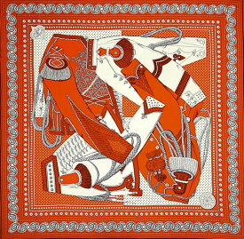 【美品】 エルメス カレジェアン カレ140 Zouaves et Dragons Bandana ズアヴとドラゴン バンダナ カシシル 大判ストール カシミア シルク オランジュキュイ ホワイト グリ H244048S HERMES 6462913j【中古】