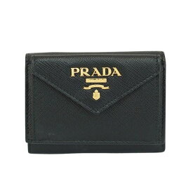【美品】 プラダ サフィアーノ 三つ折り コンパクト財布 ブラック ゴールド金具 レザー ミニウォレット 1MH021 PRADA 6505639m【中古】