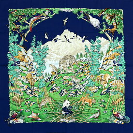 【美品】 エルメス カレ90 大判スカーフ SICHUAN 四川省 ネイビー グリーン マルチカラー シルク100％ パンダ アニマル 鳥 ブランド小物 HERMES 6504757m【中古】