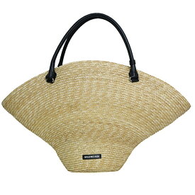 【美品】バレンシアガ ビーチバッグ かごバッグ ラージサイズ レディースバッグ トートバッグ 744137 ラフィア レザー ベージュ ブラック 6492934m 【中古】