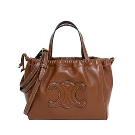 【美品】CELINE セリーヌ トリオンフ スモール カバ ドローストリングバッグ レザー タン ブラウン 茶色 ハンドバッグ ショルダーバッグ 2WAY 巾着 レディース 6s38617j 【中古】