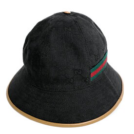 【中古】グッチ　メンズ帽子　GGキャンバス　シェリー　バケットハット　帽子　パイピングレザー　ブラック　黒　XLサイズ　レディース帽子　sw23-0634