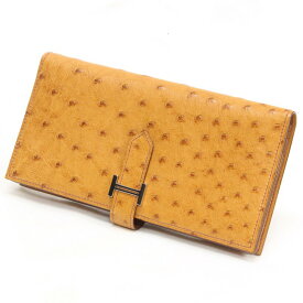 【美品】 HERMES エルメス　ベアンスフレ　オーストリッチ　サフラン　キャメル　□J　2006年　レザー　財布　ブランド財布　レディース財布　二つ折り　長財布　ベアン 1234820JO 【中古】