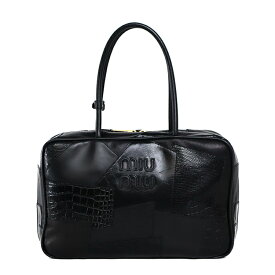【美品】Miu Miu ミュウミュウ レザーパッチワーク ボー バッグ ボウリングバッグ トートバッグ 5BB117 ラムスキン カーフレザー ブラック ゴールド金具 レディースバッグ ブランドバッグ 5s12323J【中古】