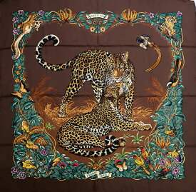 【美品】HERMES カレ90 大判スカーフ JUNGLE LOVE ジャングルラブ ブラウン マルチカラー シルク100％ レディーススカーフ ブランド小物 5211436M【中古】