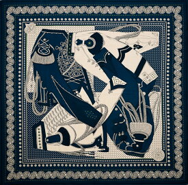 【新品同様】HERMES カレジェアン カレ140 Zouaves et Dragons Bandana ズアヴとドラゴン バンダナ カシシル 大判ストール カシミア70％ シルク30％ マリンクレール ナチュラル ヴェールモス ブランド小物 5326695M【中古】