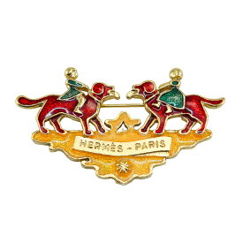 【中古】エルメス　レディースバッグ　七宝焼き 少女と犬 ブローチ　メタルレッドイエローグリーンゴールド金具　ブラック　5330318ML