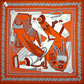【美品】HERMES カレジェアン カレ140 Zouaves et Dragons Bandana ズアヴとドラゴン バンダナ カシシル 大判ストール カシミア70％ シルク30％ オランジュキュイ ホワイト グレー スカーフ ブランド小物 5338477M【中古】