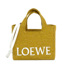 【美品】LOEWE ロエベフォント スモール トートバッグ ショルダーバッグ スリットトート A685B59X01 ラフィア レザー マスタード ホワイト ブランドバッグ 5s47885ME2【中古】