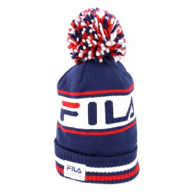 【決算SALE50%OFFクーポン】フィラ ニット帽 ニットキャップ ロゴ ボンボン 裏フリース ブランド 帽子 レディース ネイビー FILA 【中古】