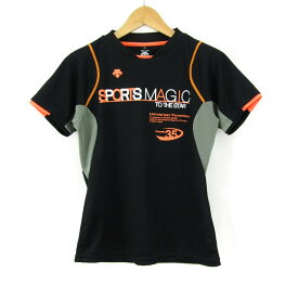 【4/20 11:00から 50%OFFクーポン】デサント 半袖Tシャツ ロゴT メッシュ スポーツウエア レディース Mサイズ ブラック×オレンジ DESCENTE 【中古】