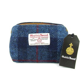 ハリスツイード ポーチ 未使用 チェック柄 ラウンドファスナー 小物入れ ブランド レディース ネイビー HARRIS TWEED 【中古】