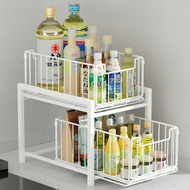 【クーポン利用で2999円】【シンク下収納に最適】スライドラック 2段 幅27cm 引き出し式 調味料ラック 隙間収納 組立簡単 防汚 防錆 防油 台所収納ラック ホワイト キッチン収納 省スペース