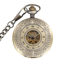 送料無料 懐中時計 クラシックなローマ数字 機械式 チェーン付き ブロンズ 手巻き オシャレ 時計 プレゼント