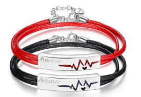 送料無料 ペアブレスレット ハートビート ブラック レッド 2個セット レザーブレス ブレスレット ブレス アクセ アクセサリー ペアアクセ ペアアクセサリー 革 編み込みレザー シンプル カップル 夫婦 おそろい おしゃれ 彼氏 彼女 記念日プレゼント お守り