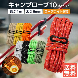 【割引きクーポン付き商品多数！送料無料！即日発送！】DaLaCa ダラカ ガイロープ パラコード テントロープ タープロープ キャンプ ロープ ガイドロープ 反射 材入り 太さ 5mm 長さ 4m 10本 セット 耐荷重 350kg 自在金具 収納袋 ロープライト 付き