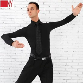 NY製 ダンス 用 ストレッチ ワイシャツ 黒 NY16610 AdsJapan ブラック (37cm〜42cm) 社交ダンス メンズ 男性 用 レッスンパーティー デモ向け 衣装 黒 ストレッチ 世界チャンピオンも愛用