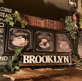 ｢BROOKLYN CAFE｣!! 3枚組 高級キャンバス製 超大型アートパネル(額付き)!! ブルックリンインテリア 男前インテリア アートパネル アメリカンビンテージ カフェインテリア インダストリアルインテリア バスロールサイン BROOKLYN マンハッタン NEWYORK DandyLifeSpace