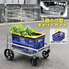 キャリーカート カゴ付き 買い物 カート シルバーカー かご付き カゴ 安定 安い 収穫 運搬 楽々 省スペース ショッピング 大容量 便利 キャリーカート 農作業 大きいタイヤ 2段 折りたたみ ゴミ捨て あす楽