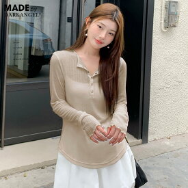 【期間限定：3,090円→2,790円！】 トップス ヘンリーネック シアートップス レディース 長袖 透け感 ワイドリブ リブシアー カットソー プルオーバー ロングTシャツ 体型カバー スナップボタン 楽ちん カジュアル 春 【ヘンリーネックシアートップス】