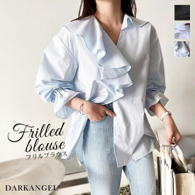 【期間限定：4,190円→1,999円！】 フリルブラウス チュニック レディース 長袖 フェミニン シャツ ロング キレイめ 上品 デート 体型カバー レディース トレンド 人気 プチプラ 韓国ファッション【フリルブラウス】 ダークエンジェル