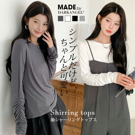 【期間限定：2,890円→1,999円！】 シャーリング リブ トップス レディース 春 シャツブラウス カットソー ロンt 長袖 シアー感 レイヤード 重ね着 袖シャーリング 二の腕カバー 【袖シャーリングトップス】 ダークエンジェル