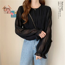 【期間限定：3,520円→1,999円！】 ブラウス 春 シフォン チュール シャーリング ギャザー レディース シアー レース 裏地付き トップス シアートップス レイヤード 裏地付き Uネック オケージョン フレア袖 【春の透け感シフォンブラウス】 b_bag