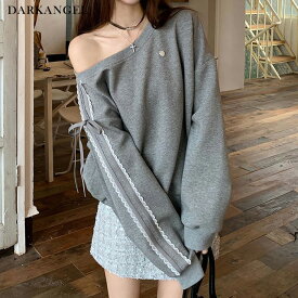 【期間限定：5,390円→3,499円！】 スウェット トレーナー ワンショルダースウェット トップス オフショルダー レディース 春 長袖 サイドリボン 体系カバー キレイめ 楽ちん 【サイドリボンワンショルトレーナー】 ダークエンジェル