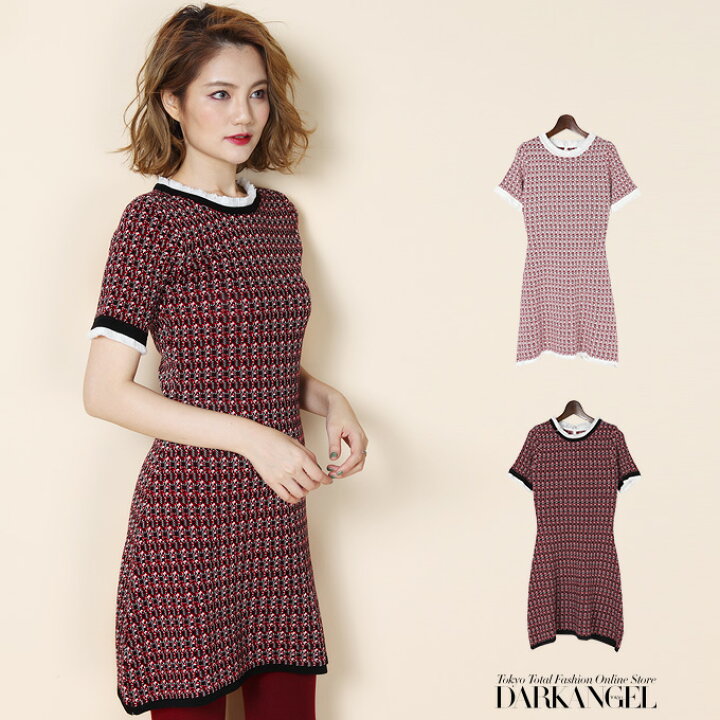 楽天市場 処分価格 ニットワンピース ミニワンピース ニット ミニ フレア ワンピ ワンピース レディース 半袖 ショート フリンジ レッド 赤 ブラック 黒 ホワイト 白 Freeサイズ フレア ニットミニワンピース 秋 新作 18年8月新作 Darkangel ダーク