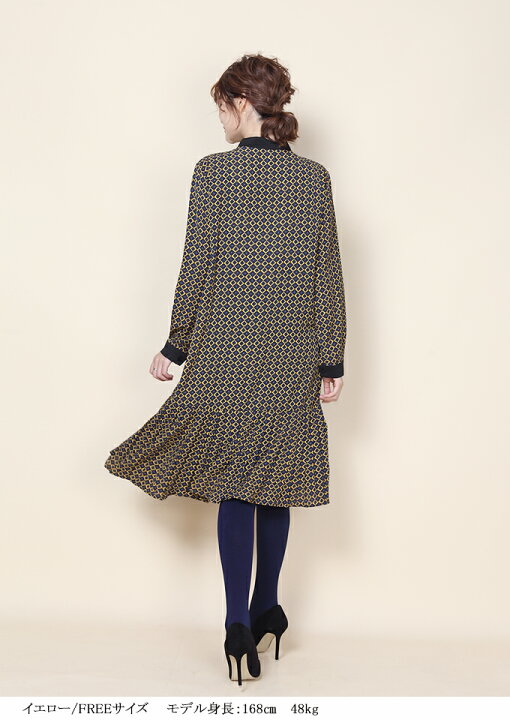 楽天市場 ワンピース 秋冬 冬 春 ボウタイ レディース ミディアム ボウタイ 長袖 総柄 レトロ ローウエスト切り替え イエロー ネイビー レトロ 柄裾プリーツ切り替えボウタイワンピース 冬 新作 18年12月新作 ワンピース Darkangel ダークエンジェル Dark