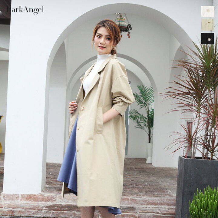 楽天市場 即納 ステンカラーコート スプリングコート レディース ロングコート シングルジャケット 黒 ブラック ベージュ アイボリー 白 オーバーサイズ ゆったり 体型カバー ステンカラースプリングコート 夏 新作 19年3月新作 コート ダーク