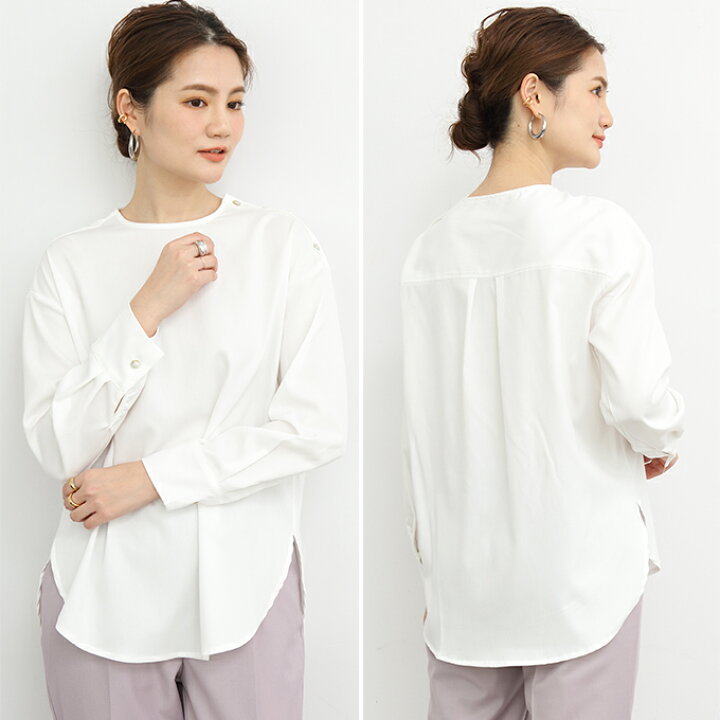 楽天市場 ブラウス レディース 長袖 プルオーバー シャツ ノーカラー トップス Tシャツ とろみ素材 ストレッチ きれいめ オフィス シンプル 無地 白 ホワイト 春 秋冬 肩ボタンプルオーバーブラウス Darkangel ダークエンジェル Dark Angel ダークエンジェル