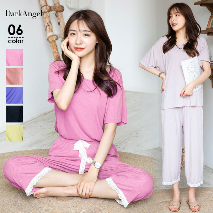楽天市場 ルームウェア 上下セット セットアップ パジャマ レディース Tシャツ 半袖 ワイドパンツ ストレッチ 部屋着 寝間着 ゆったり ナイトウェア 大人 おしゃれ 春夏 涼しい M Xl 6色 送料無料 ギフト プレゼント レース付きルームウェア Darkangel ダーク