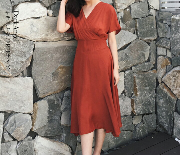 楽天市場 ワンピース ロング カシュクール 半袖 夏 ミモレ丈 Vネック 二の腕隠し マキシ丈 ロングワンピース きれいめ 上品 仕事 大人 オフィス ブラック 黒 カーキ グリーン Vネック 着痩せ ウエストマーク テラコッタ オレンジ Vネックカシュクールワンピース