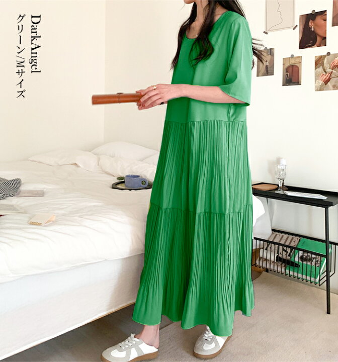 楽天市場 クーポン利用で2 190円 ワンピース 春 きれいめ ロング レディース 半袖 ティアードワンピース 五分袖 プリーツワンピース マキシ ロング丈 ミモレ丈 Aライン ゆったり 40代 30代 オフィス ベージュ グリーン プリーツティアードワンピース Dark