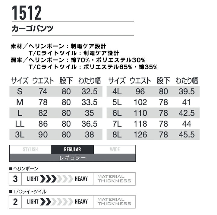 楽天市場】バートル 作業服 夏 春夏 作業着 夏用 BURTLE 1512 カーゴパンツ 春夏素材 横ポケ付きズボン カーゴ ヘリンボーン 日本製素材  1511シリーズ 4L-8L 製品制電jIS-T8118適合 : だるま商店