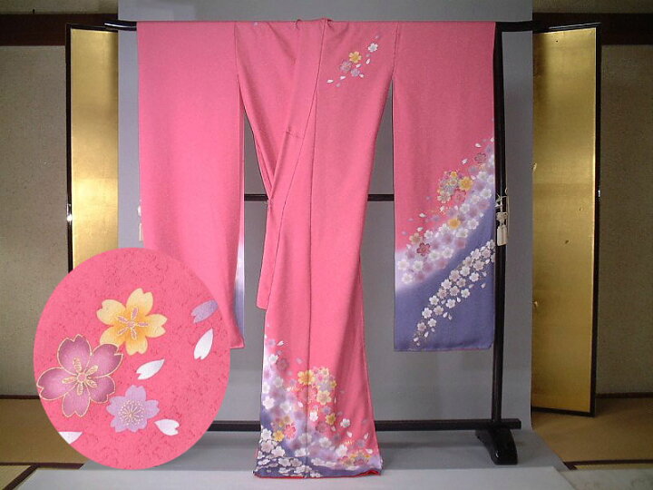 楽天市場】【送料無料】新品！正絹京友禅振袖生地 ピンク地桜吹雪文様 