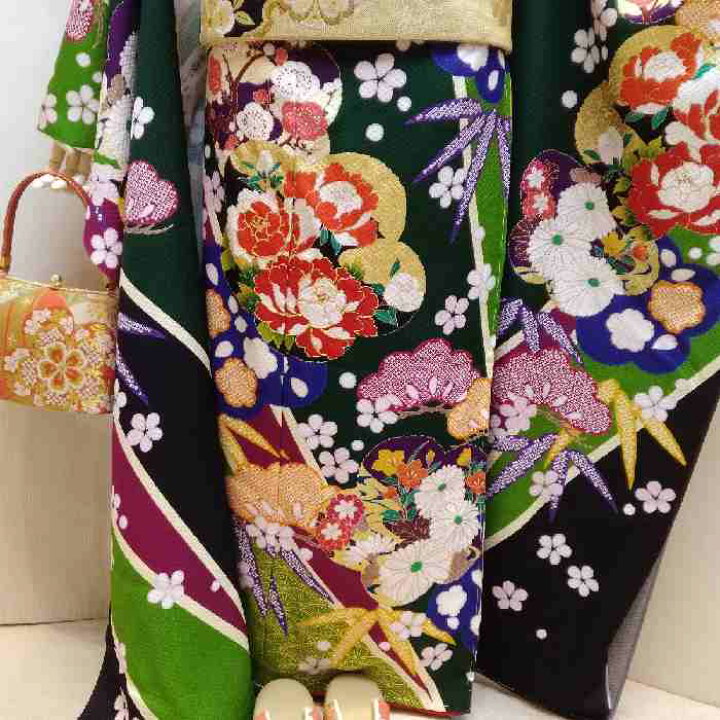 楽天市場】【送料無料】振袖 お仕立て付き 正絹 友禅柄 刺繍 濃緑地 
