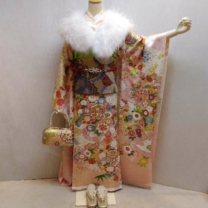 振袖 お仕立て付き 正絹 友禅柄 刺繍 白地 白地古典手毬花文様柄 hr250s 