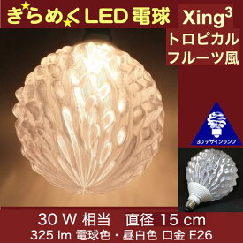 3Dデザイン電球 Xing3 30W相当 サイズ15cm おしゃれ きらめく きらめき トロピカルフルーツ風 オリジナルLED電球 電球色 昼白色 裸電球 口金E26 大きい 大形 大型ボール型 ボール球 きらきら きらめく 光の彫刻 光の装飾 廊下 トイレ 玄関 階段 天井 直付け 天井照明